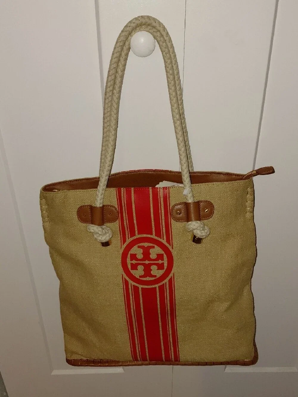 (Rare)Tory Burch Beige Canvas Tote with Red Stripe and Logo